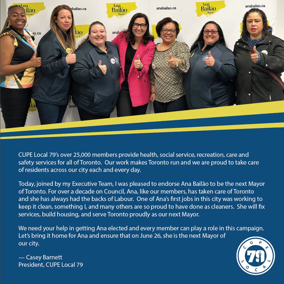 cupelocal79's tweet photo. CUPE Local 79, representing over 25,000 Toronto workers, is pleased to endorse @anabailaoTO to be the next mayor of #Toronto. #TOpoli https://t.co/UrRuE5pNwJ