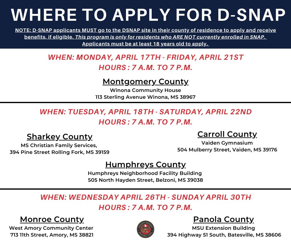 msema on Twitter: "❗️IMPORTANT Disaster SNAP (DSNAP) Information❗️ The  Disaster Supplemental Nutrition Assistance Program (D-SNAP) is for people  who do not currently receive SNAP benefits but had losses in the March  24-25,