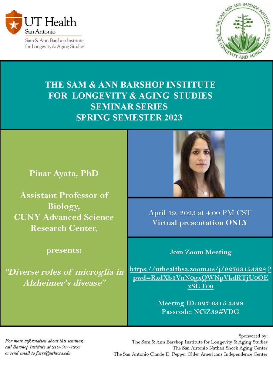 UTHealthBarshop's tweet photo. Join us Wed. Apr 19th at 4pm CT for our Spring Seminar Series. Pinar Ayata, PhD presents: "Diverse roles of #microglia in #Alzheimer's disease"

More info: https://t.co/TxftazfWnr
#barshopseminarseries https://t.co/4jgArfIb9h