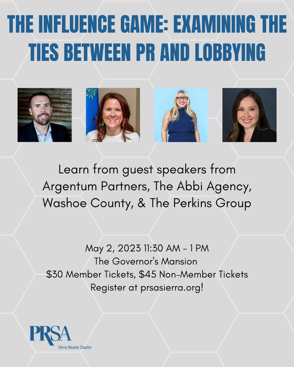 🚨PRSA LUNCHEON INCOMING - MAY 2!🚨 

Ever wonder how media relations is used to shape legislative policy? Find out from seasoned PR pros turned lobbyists/public affairs experts. 

Get your tickets here! bit.ly/prsasierralobb…