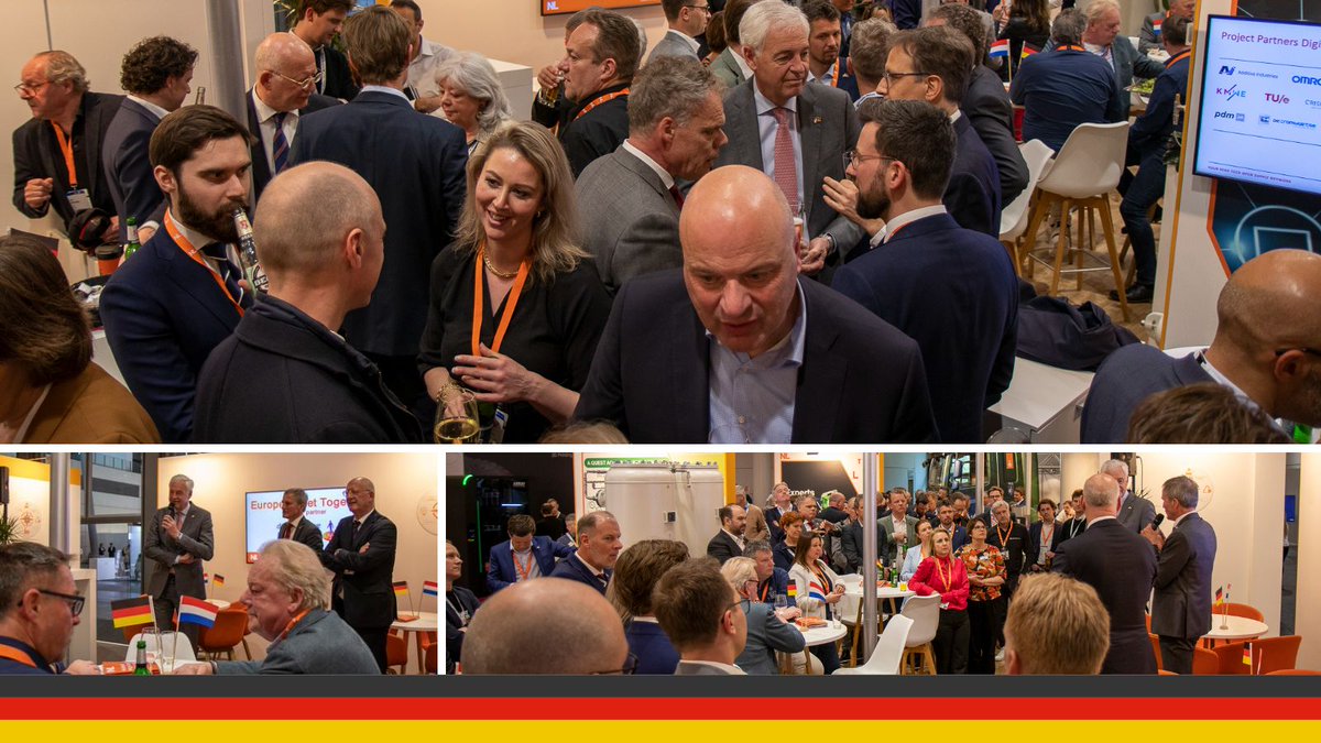 Een drukke beursdag eindigt met de Nederlandse netwerkborrel op de Hannover Messe 2023, gesponsord door de <a href="/Rabobank/">Rabobank</a>. #HM23