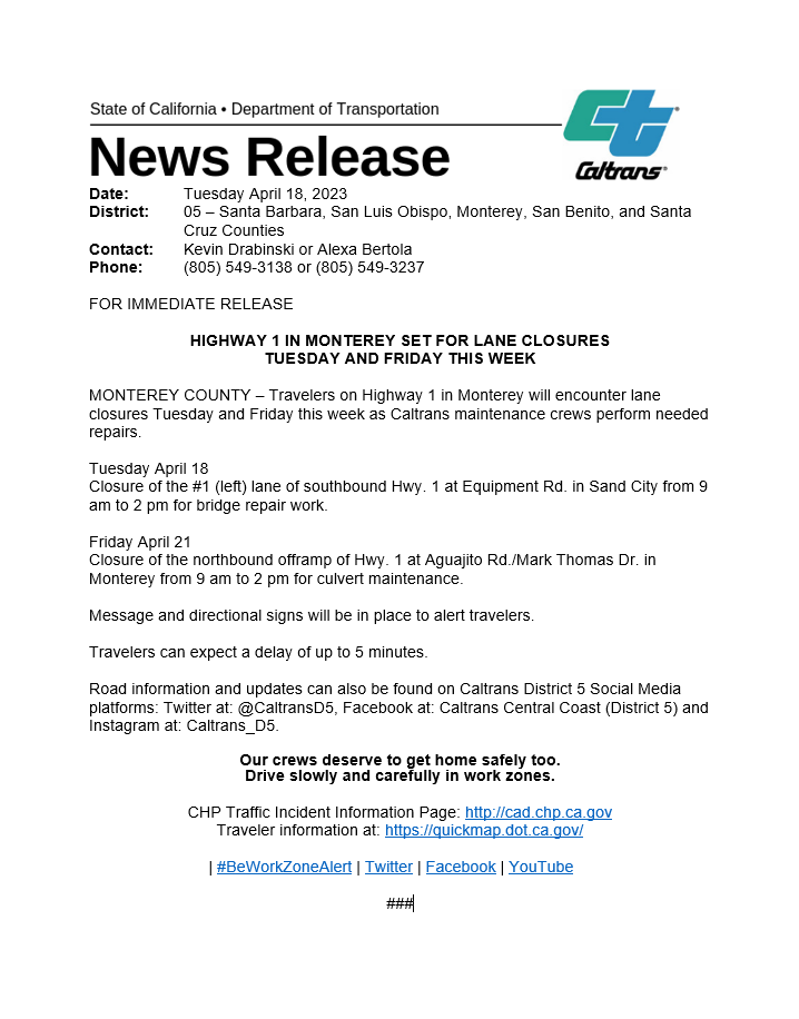 CaltransD5's tweet photo. HEADS UP: Travelers on #Hwy1 in #Monterey will encounter lane closures Tuesday and Friday this week as Caltrans maintenance crews perform needed repairs. #SandCity https://t.co/D6rGWvKsQM