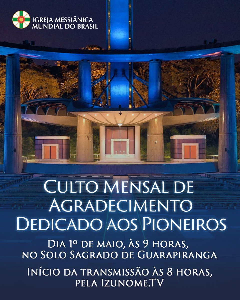 Messianica's tweet photo. No próximo dia 1º de maio, segunda-feira, celebraremos o Culto Mensal de Agradecimento dedicado aos Pioneiros, no Solo Sagrado de Guarapiranga. Participe! Venha para o Solo Sagrado!
Acesse o vídeo e confira se está inscrito em nosso canal no YouTube: https://t.co/i6Vls9AyVm https://t.co/02HOdU7iSF