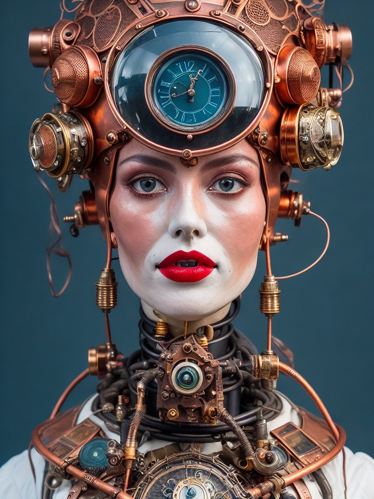 AArtshow's tweet photo. The clock is tickingโฆ #ai #aiart #aigenerated #aigeneratedart #dreambywombo #cyborg #femalecyborg #clockpunk #aartshow https://t.co/VlBJcL1S6D