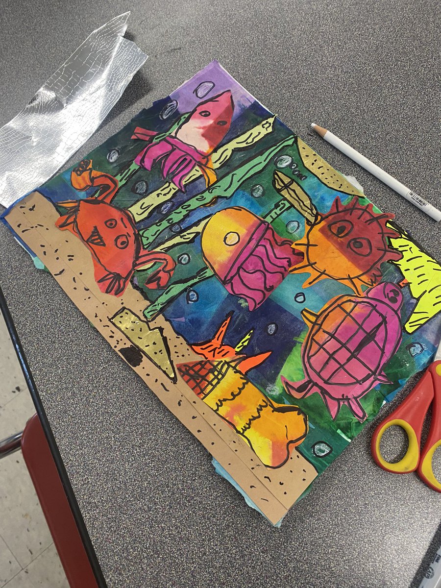 Ms. Kehoskie’s 3rd grade warm &amp; cool color seascape collages. We are adding the final details! Lots of layering and vibrant colors and textures! <a href="/WGFineArts/">West Genesee Fine Arts</a> <a href="/WestGeneseeCSD/">West Genesee Schools</a> <a href="/StonehedgeWG/">Stonehedge</a>