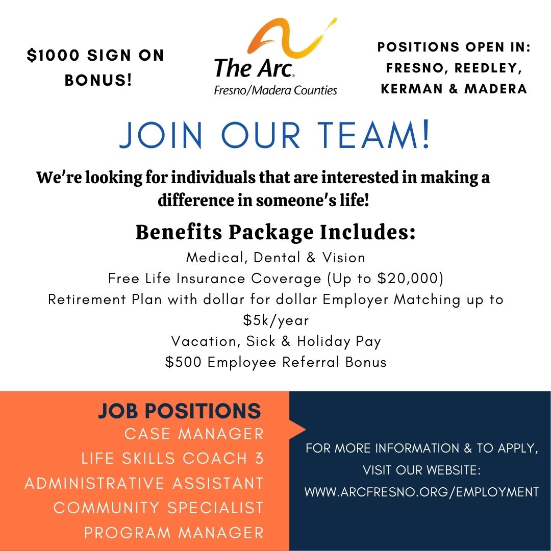 We have several open full time positions and offer a great benefits package! If you are interested in joining our team in helping adults with intellectual and developmental disabilities, please visit our website to apply: arcfresno.org/employment #AchieveWithUs