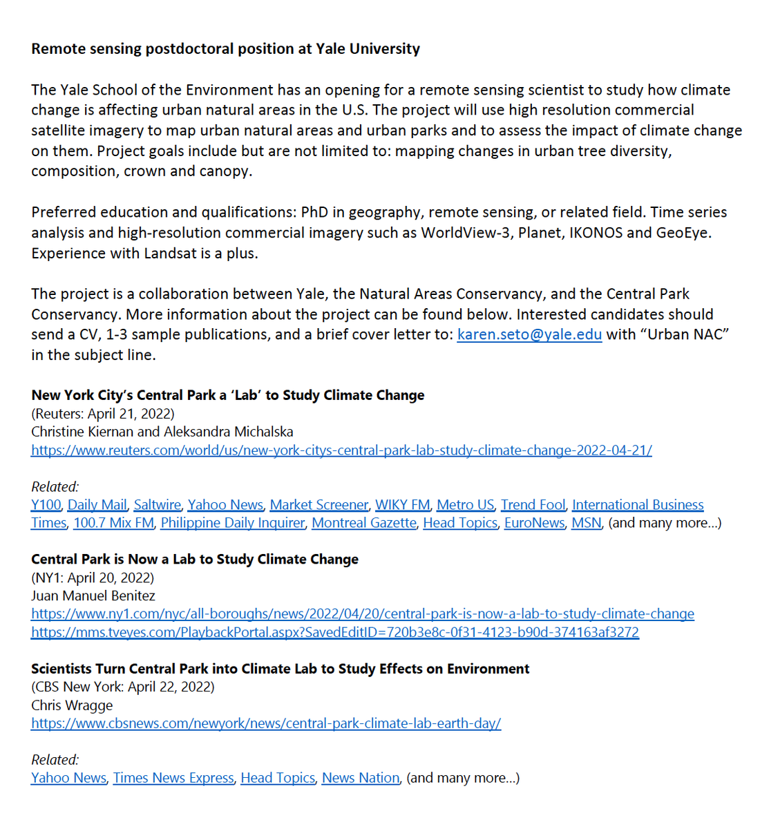 GERSLab's tweet photo. Remote sensing postdoctoral position at Yale University! Qualifications: Ph.D. in geography, remote sensing, or related field. Interested candidates should send a CV, 1-3 sample publications, and a brief cover letter to: karen.seto@yale.edu with “Urban NAC” in the subject line. https://t.co/iWgeTA33Kq