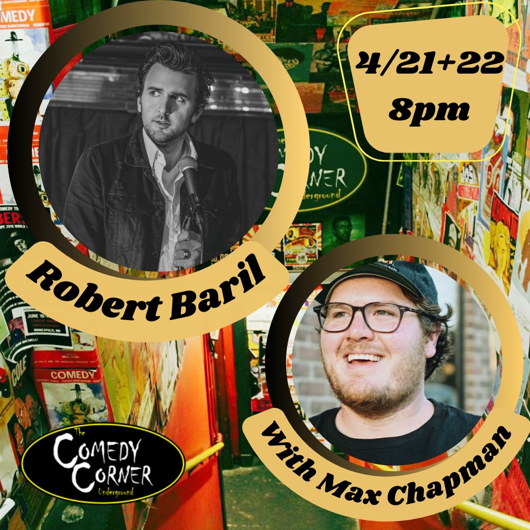✨ Comin up this weekend ✨ This one's gonna be a blast! Hilarious headliner Robert Baril featuring the dude Max Chapman! Get your tickets now 😎