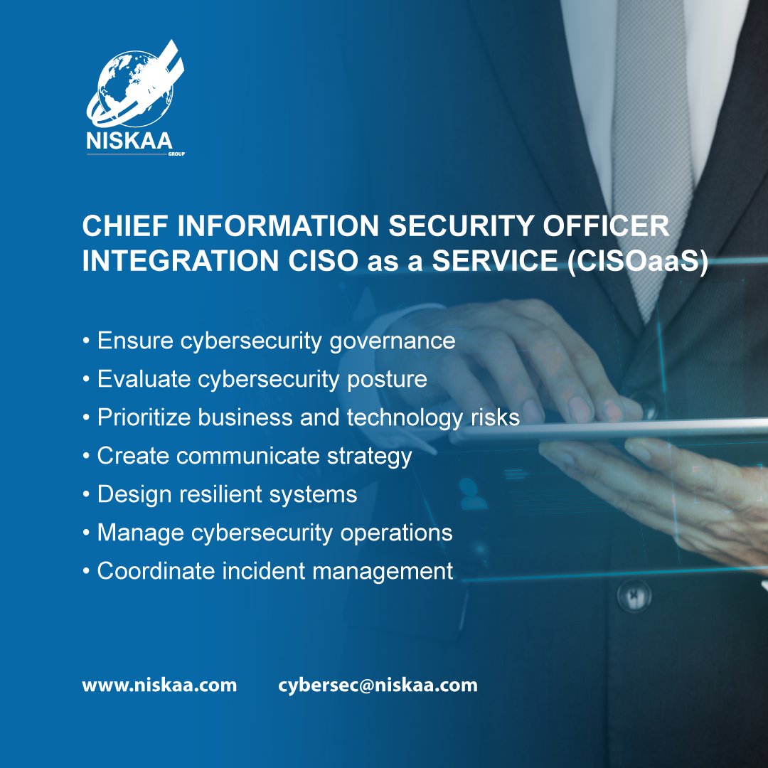NiskaaGroup's tweet photo. #NISKAA offers a #CISO Integration service which provides senior-level executive #cybersecurity #riskbased analysis. #Cybersecurity #solutions address #business controls, #risktolerance #processes #workplace culture and leadership. https://t.co/fprxlYzpOm