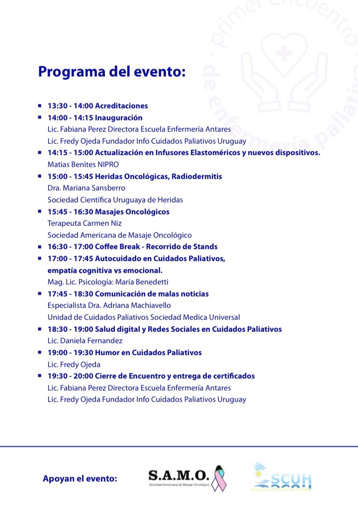 CuidadosInfo's tweet photo. Primer Encuentro de Enfermería Paliativa en Escuela de Enfermería Antares
#cuentaconmigo
Las inscripciones ya están abiertas. 
Puedes comunicarte al tel. 24009897 o al WhatsApp
+598 98 349 180 por más info. https://t.co/5Ckg4zcyfi