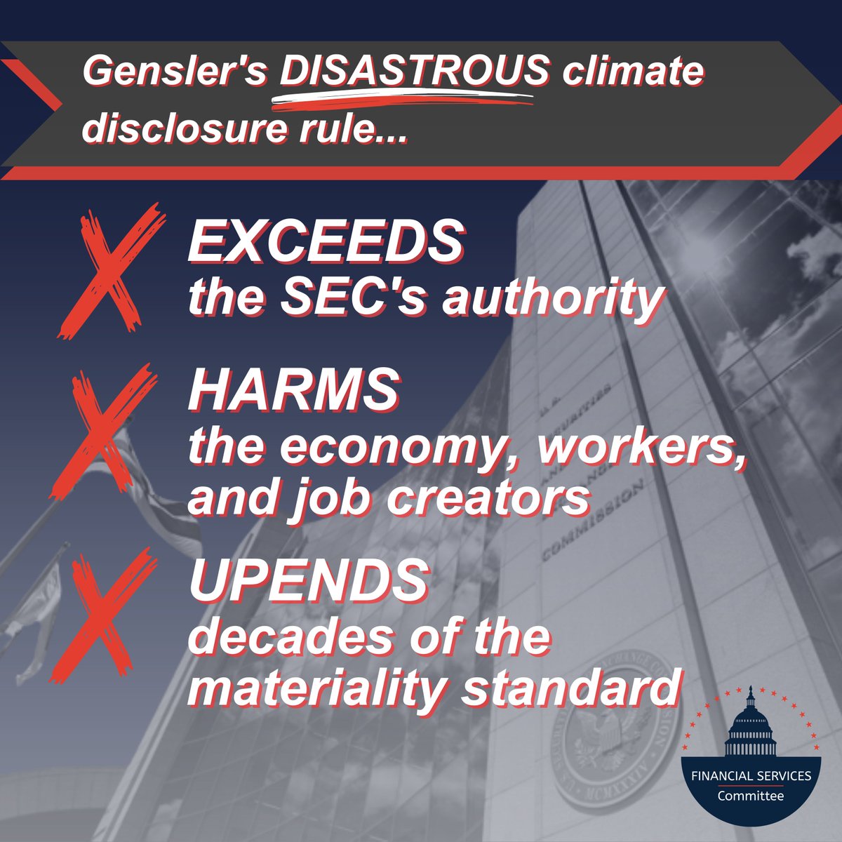 RepJohnRose's tweet photo. Today, @SecGov Chair @GaryGensler will finally answer questions from Congress, after getting an almost two-year pass from Democrats.
The SEC was established to regulate our securities exchanges and protect investors, yet Chair Gensler has expanded his authority to address climate change with burdensome rules.
The @HouseGOP won’t stand for this executive overreach.