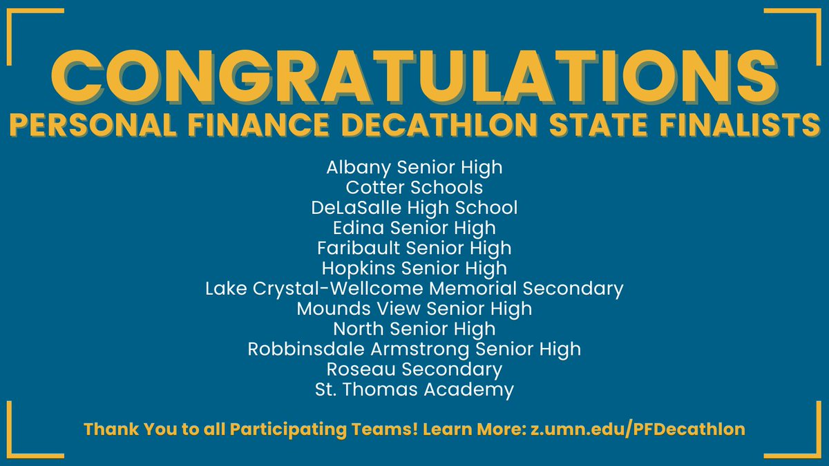 Congradulations to <a href="/ISD745/">Albany Area Schools</a> <a href="/cotterschools/">Cotter Athletics</a> <a href="/DLSislanders/">DeLaSalle High School</a> <a href="/edinahornets/">Edina Hornets</a> @FairbaultHS <a href="/Hopkins270/">Hopkins Schools</a> @LakeCrystalWellcomeMemorial  <a href="/mvpschools/">Mounds View Schools</a> @northseniorhighschool <a href="/ISD281/">Robbinsdale Area Schools</a> @roseauhighschool <a href="/saintthomasa/">Thomas A</a> <a href="/AllThingsSTA/">Saint Thomas Academy</a>