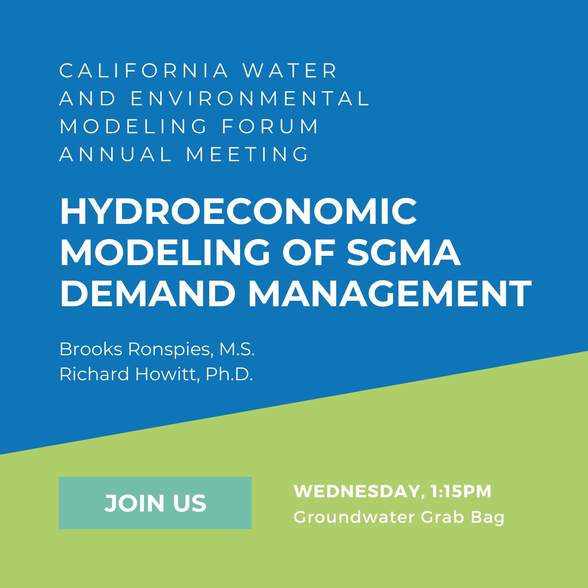 ERA_Economics's tweet photo. If you're at #CWEMF, come join us tomorrow at the Groundwater Grab Bag. Our economic modelers Brooks Ronspies and Richard Howitt will discuss recent  advancements in the development of SWAP, the statewide agricultural  production model, and examine dairy as a case study. https://t.co/AF23XmRI9G
