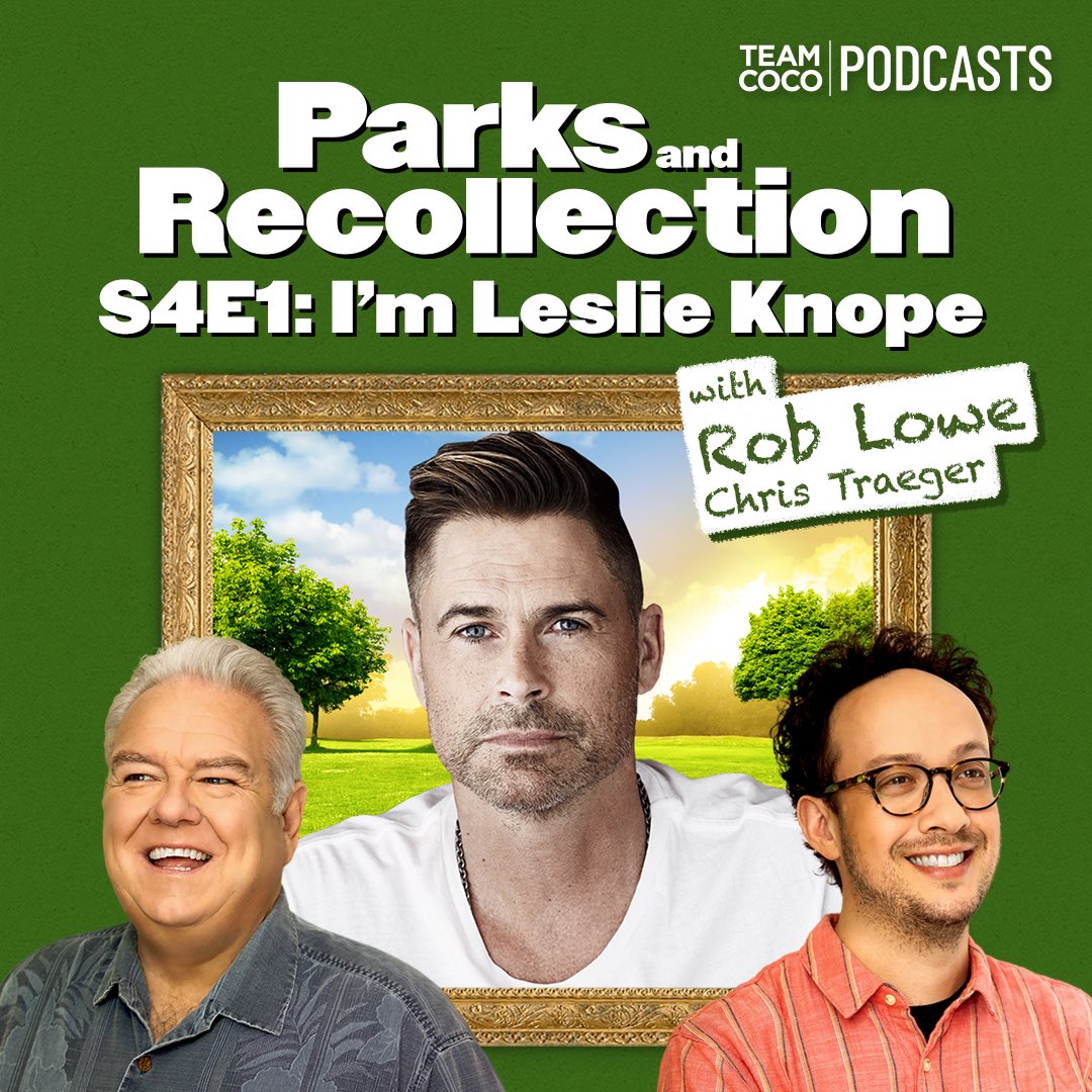 TeamCoco's tweet photo. Welcome back to Pawnee! Today @RobLowe ushers in a new era of #ParksandRecollection! Jerry Gergich aka @JimOHeir and writer/script coordinator @GregLevine are our new hosts! Listen to the three discuss the season four premiere and much more! Listen: https://t.co/fkw8f80JOu https://t.co/9whbT4siLT