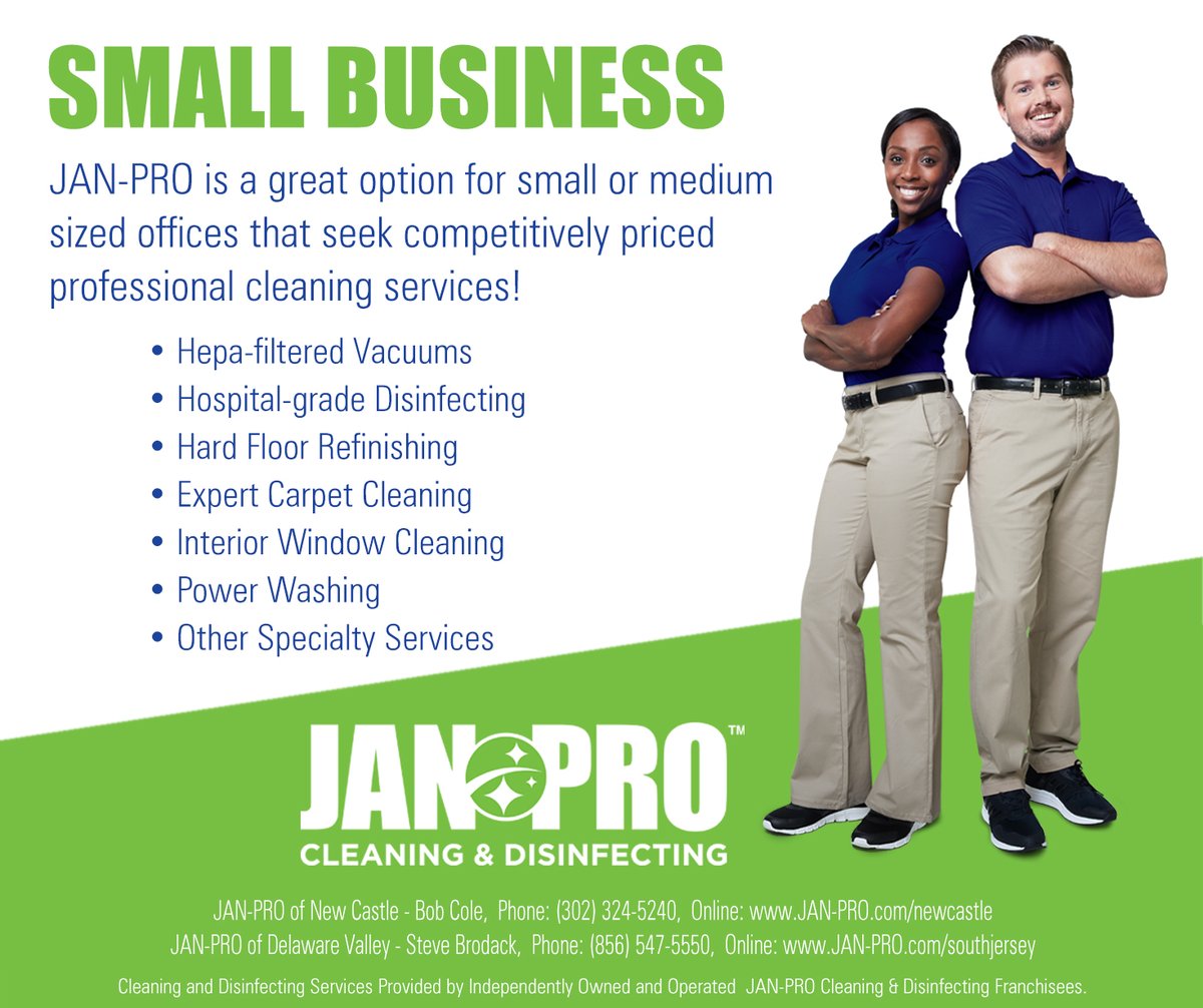 JanProNewCastle's tweet photo. Small Business: Trust the Pros - the JAN-PROs when it comes to your cleaning and disinfecting needs! Call Bob Cole at JAN-PRO of New Castle - (302) 324-5240.
#smallbusiness #mediumbusinesses #SMB #commercialcleaning #disinfectant #disinfection #janpro #JANPROInternational https://t.co/xK9dThi8Ld