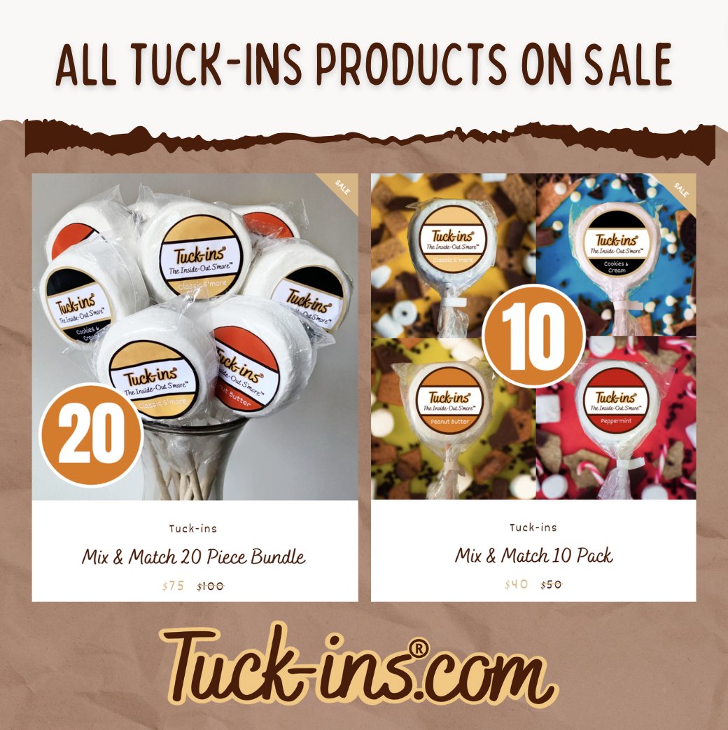 In case you get hungry today... shop our sale! Tuck-ins are roastable inside-out s'mores on a stick! We even have a gluten free option 😋🍫🔥🙌 

#snacktime #snacks #dessert #smores #tuckins #peanutbutter #cookiesandcream #partydessert #easydessert #insideout #shopsmall #smallbiz