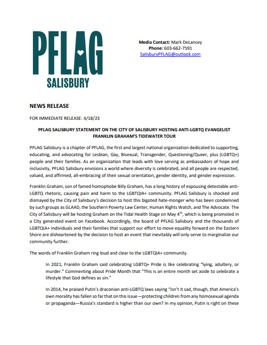 SalisburyPflag's tweet photo. From President of the Board of PFLAG Salisbury, Dr. Nicole Hollywood (@BuzzNicki), “We are deeply saddened the City of Salisbury would choose to endorse an individual who represents hatred and bigotry towards the LGBTQIA+ community." https://t.co/amIqHfrPYj