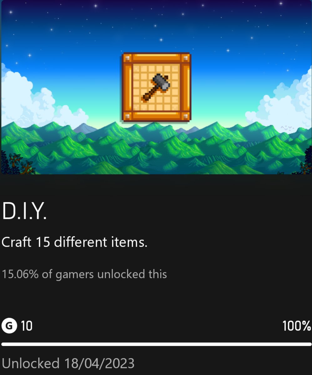 chunkybambee's tweet photo. The achievements for today's stream!! 

It felt so so good!! Not only did I get these, I also found my first stardrop, reached the bottom of the main mines, had a couple great people chatting to me AND I reached my 20th follower 🥳🎉💞 

#StardewValley #TwitchStreamer https://t.co/rKv5cheOew