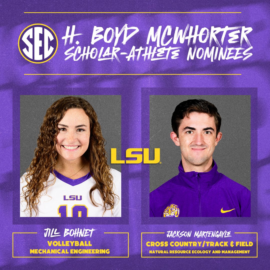 SEC's tweet photo. 2023 McWhorter Award Nominees 
↳ 🐅 @LSUsports
 
🤾‍♀️ Jill Bohnet, @lsuvolleyball 
🏃 Jackson Martingayle, @LSUTrackField 
 
🔗 https://t.co/hgNE2AiuNw https://t.co/IZ9b2qnpMM