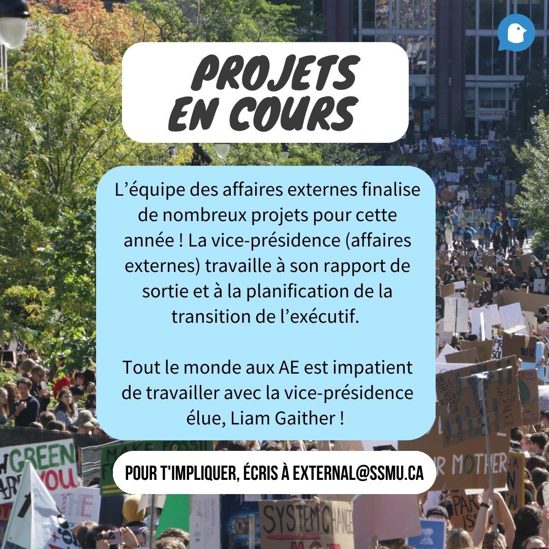 SSMUExternal's tweet photo. Qu'est-ce qui se passe avec les affaires externes ?

-

What's up with external affairs? 

#SSMU #ExternalAffairs #VPExternal #SSMUExternal
#McGill #Montreal #MiltonParc https://t.co/96jM0Ssojx