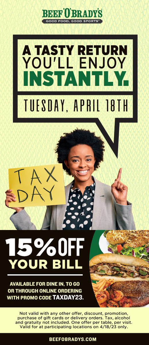 beefobradyskpt's tweet photo. Tax day!💵 #beefobradys #kingsport #togo #smokymountains #litbitofeverything #catering #trivia #kidsnight #tacotuesday #triviatuesdays #lighterside #tacos #fishnchipfridays #phillythursdays #wingwednesday #kidsday https://t.co/3uQoRlV2a2