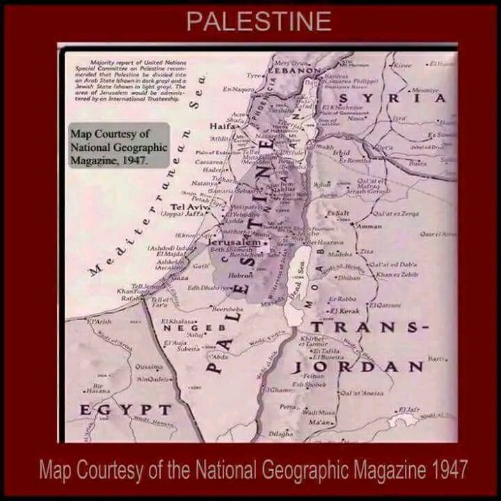 The map of Palestine was published by National Geographic magazine in 1947, a year before the Nakba.