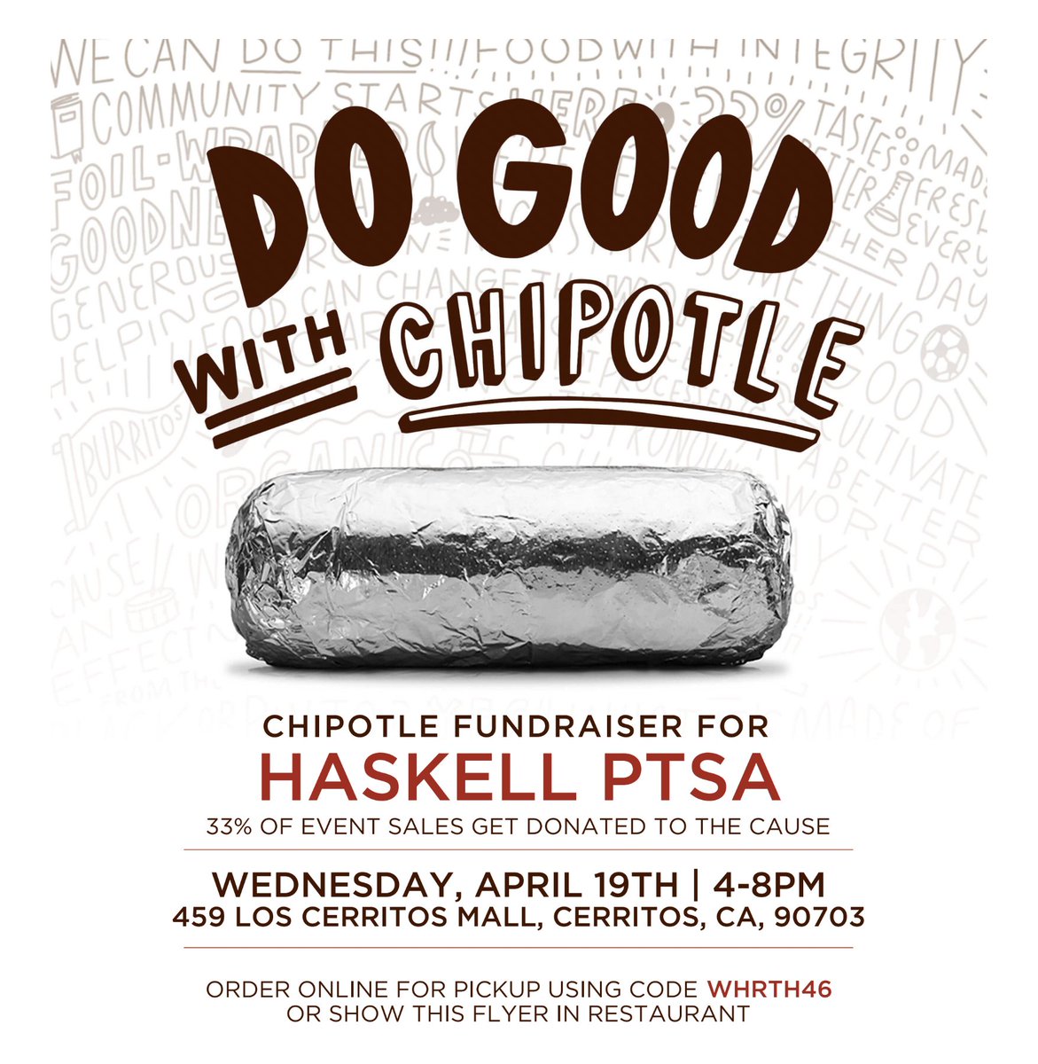 HaskellAcademy's tweet photo. Join us at Chipotle tomorrow night (4/19/) to support our PTSA! Cerritos Mall location from 4-8PM! See you there! 🌯 #haskellmustangs #abcstories https://t.co/CzjGI8njUV