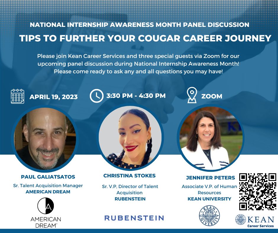 KeanUniversity's tweet photo. April is National Internship Awareness Month and all Kean students are invited to the Office of Career Services panel discussion, 'Tips to Further Your Cougar Career Journey', this Wednesday from 3:30-4:30pm.

Pre-register for the event here: https://t.co/1VoWroNdoE https://t.co/8uRYTrBPDM