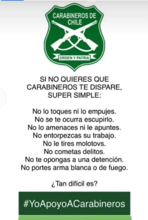Qué lindo sería que la <a href="/PoliciaPeru/">Policía Nacional del Perú</a> pudiera advertirles lo mismo a los agitadores, vándalos y terroristas de la izquierda malviviente, para que luego no esté llorando por sus muertos. Si no quieres que te disparen no ataques a la policía, no asaltes aeropuertos, etc.