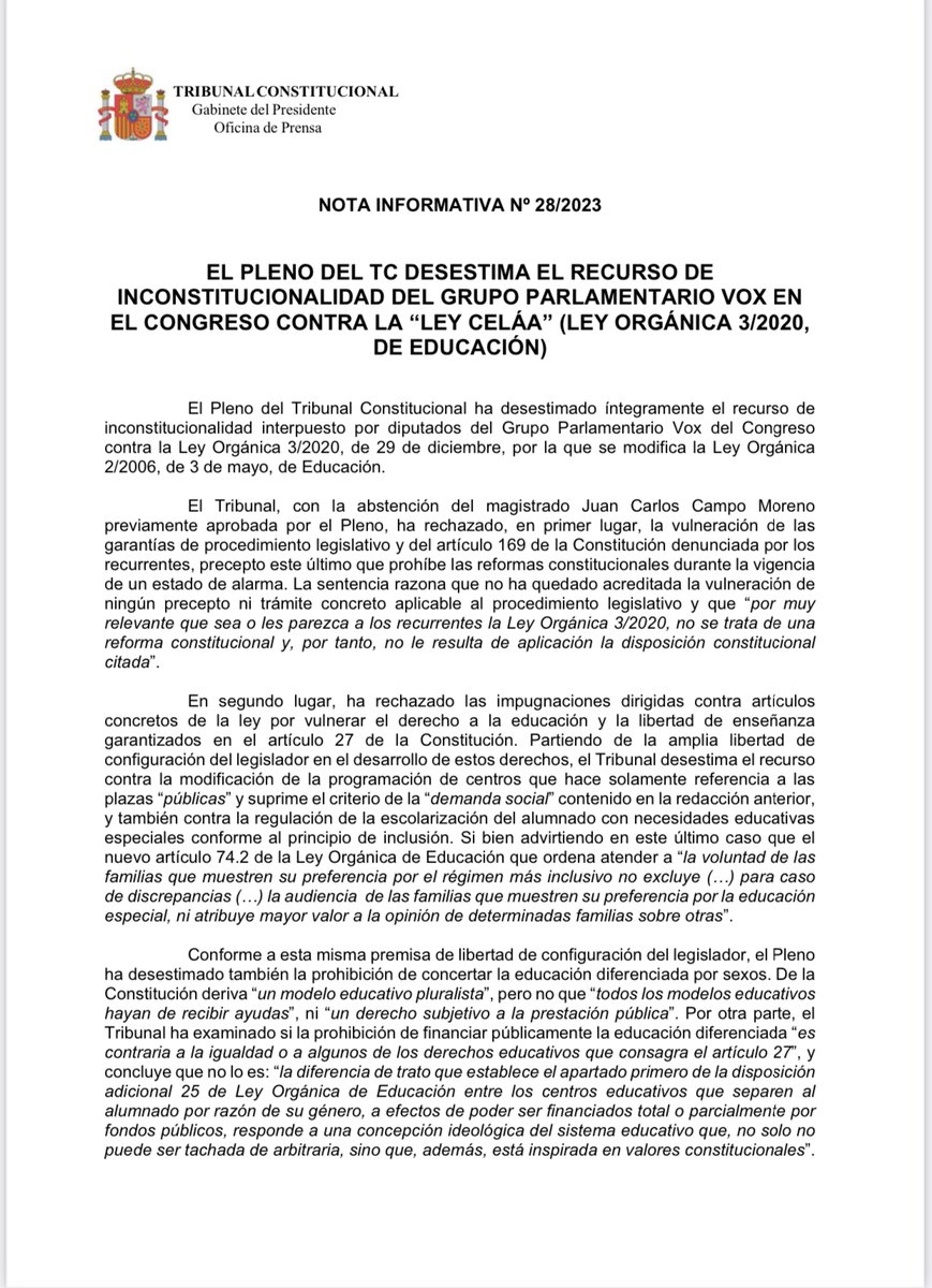 aaguilo's tweet photo. Ya hay sentencia del TC y dice que la LOMLOE cabe dentro de la Constitución. Pero la LOMLOE sigue siendo una mala ley y una gran oportunidad perdida para hacer una ley para todos @CECEducacion @MasPlurales https://t.co/SoZAGnid3e