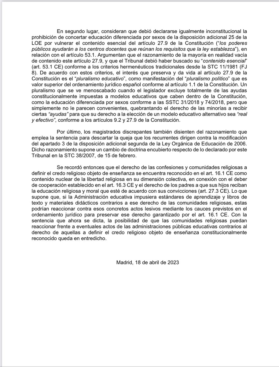 Ya hay sentencia del TC y dice que la LOMLOE cabe dentro de la Constitución. Pero la LOMLOE sigue siendo una mala ley y una gran oportunidad perdida para hacer una ley para todos @CECEducacion @MasPlurales