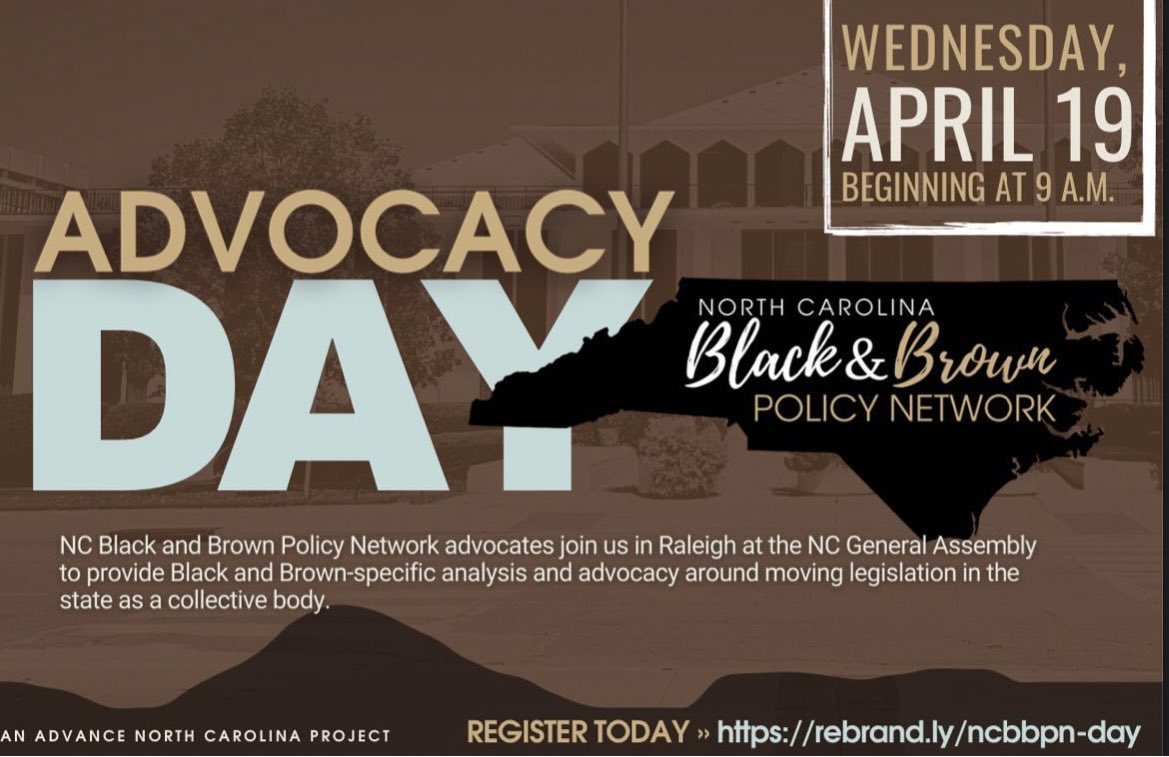 AdvanceCarolina's tweet photo. Join us TOMORROW as we advocate for equitable and people centered policy and infrastructure! 

Register here: https://t.co/oxhpVaxvvC 

Follow the NC Black and Brown Policy Network on Instagram. 
IG: @bbpnetwork https://t.co/l3My4ORhVX