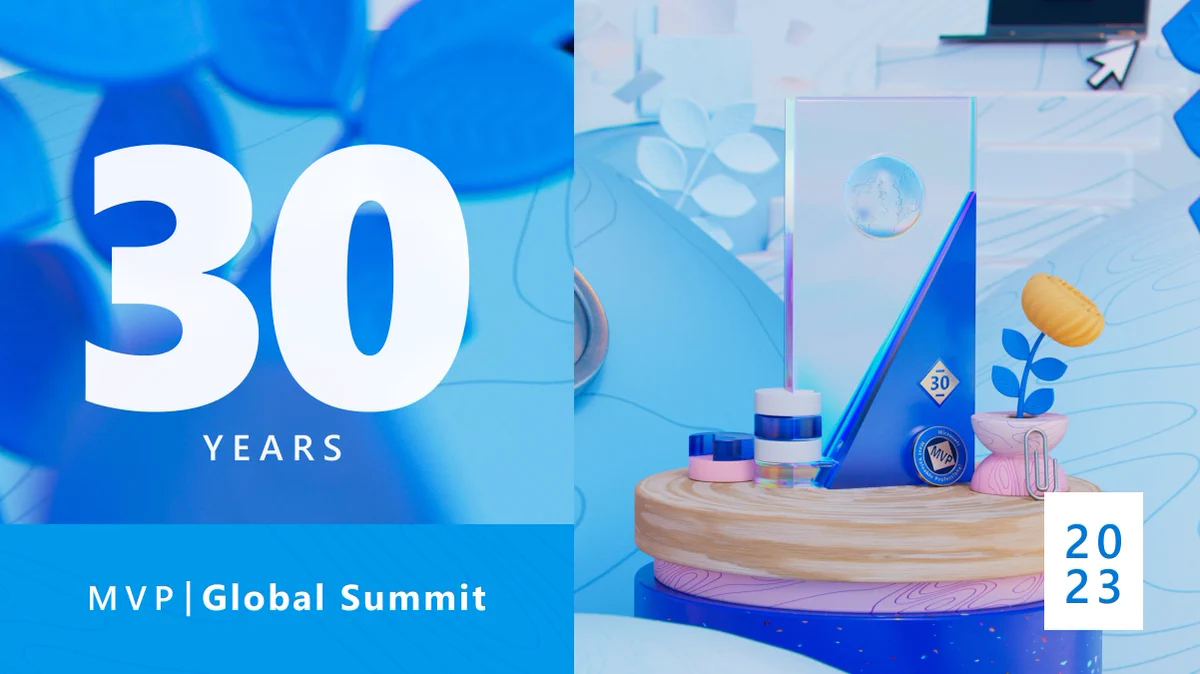 Text reads "30 years. M V P Global Summit. 2023." Decorative image of various objects.