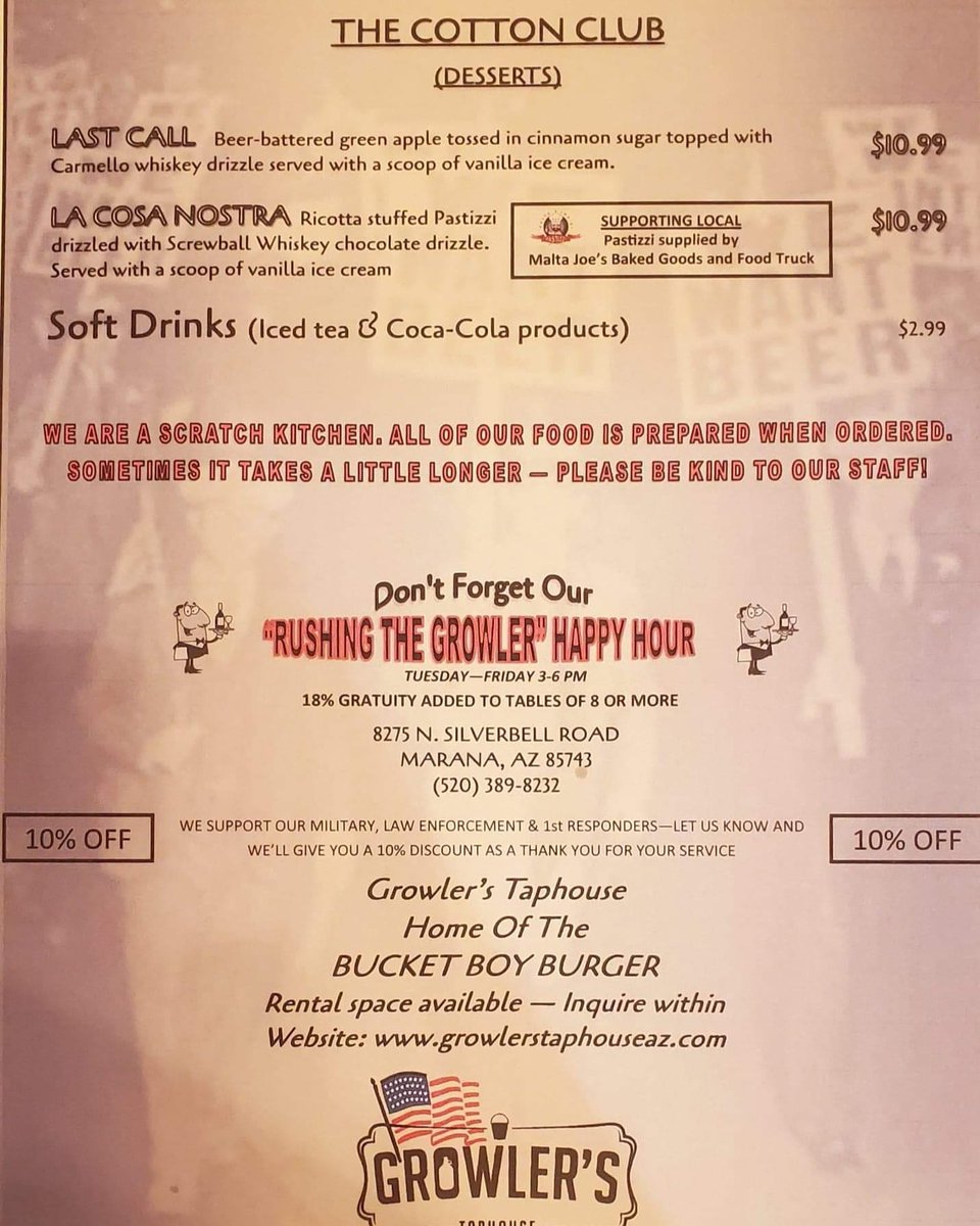 Growler's Taphouse in #Marana has this delicious dessert called La Cosa Nostra! It's the #MaltaJoe sweet ricotta stuffed #Pastizzi! Stop by 8275 North Silverbell Road, in Marana, to check them out!