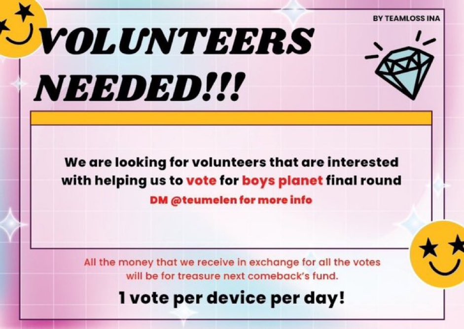 albucinsahi's tweet photo. 📢 VOLUNTEERS NEEDED 📢

if you're interested, dm here for more info 👇
💌 ina teumes : @Dobbykajja 
💌 inter teumes : @treasahiii 

let's go join our team guys!

💎 ALL FOR TREASURE 💎 https://t.co/949dpWZ1wn