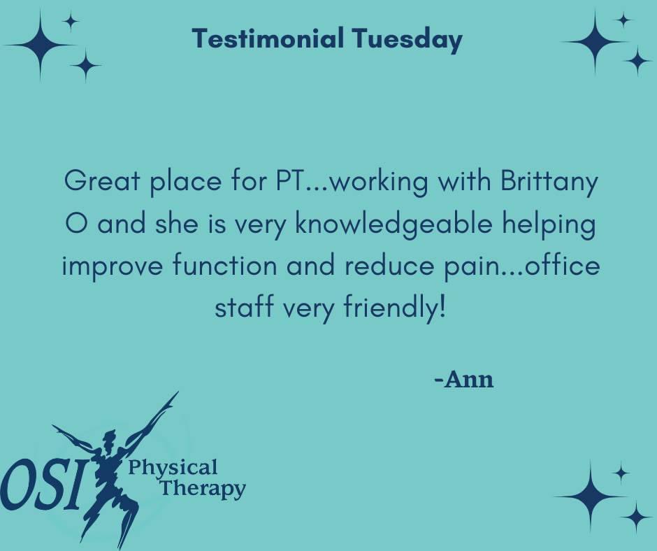 #testimonial #TestimonialTuesday #osiphysicaltherapy #forestlakemn #maplewoodmn #oakdalemn #shoreviewmn #somersetwi #stillwatermn #whitebearlakemn #weststpaulmn #chooseptfirst #grateful