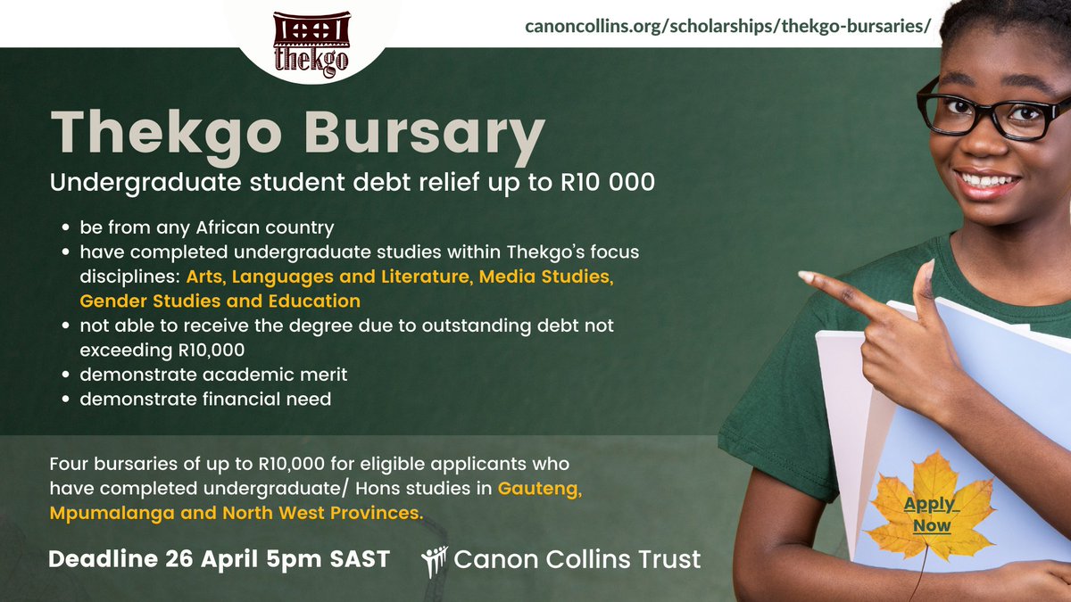The Canon Collins Thekgo Bursary is a non-profit initiative established by a group of professionals keen to promote access to higher education.  APPLY NOW! There is only one week left. canoncollins.org/scholarships/t…