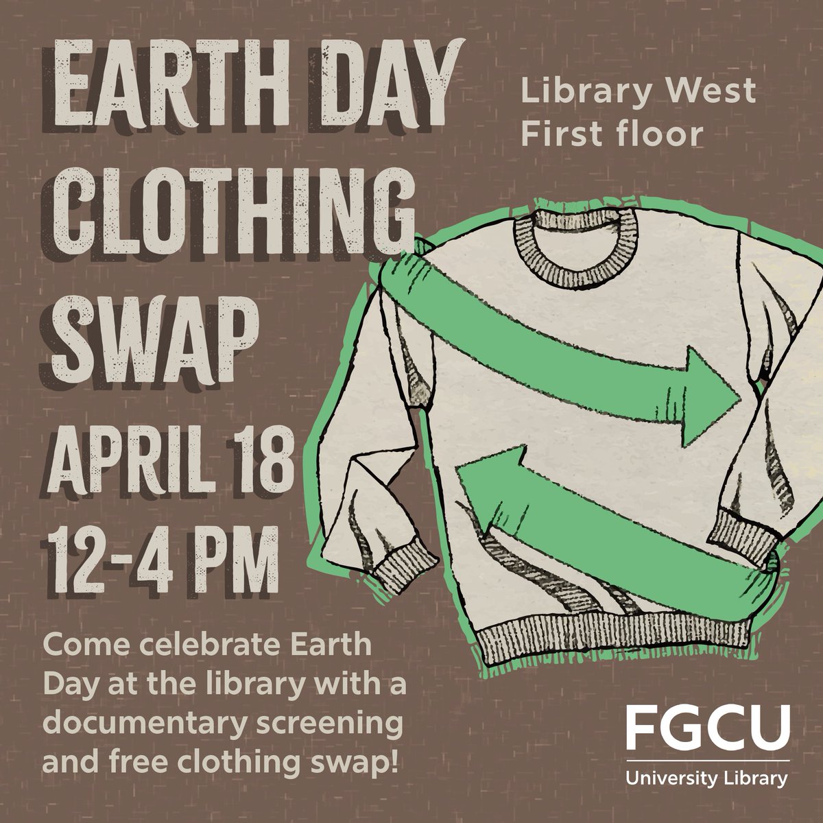 fgculibrary's tweet image. Starting now until 4pm!!
Head on down to the Data Visualization Wall area today to participate in our clothing swap! Plus, you can stick around to watch the Fast Fashion documentary we will be showing! 

#fgcu #fgculibrary #library #earthday #clothingswap