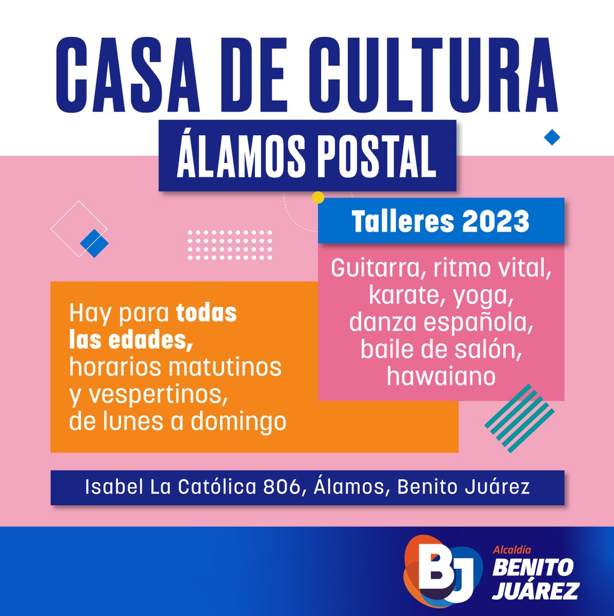BJAlcaldia's tweet photo. La Casa de Cultura Álamos Postal, en #BenitoJuárez ofrece talleres que te ayudarán a desarrollar tu creatividad y a reducir el estrés. Más información en el link 👉 https://t.co/Dy2j009ZpP https://t.co/iWM8zQGkAq