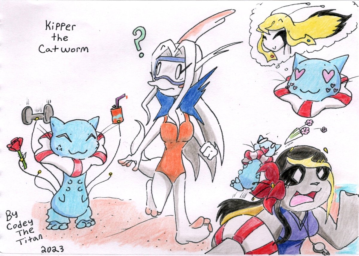 CodeyTitan's tweet photo. Drawings I made of my OC Kipper the Catworm. He is always trying to win a women's heart over by trying to impress them, but he is quite bad at it. #Kipper #Catworm #Cat #AnthroMale #Art #ArtistOnTwitter #Illustration #ColoredPencil #HandDrawn #OC #OriginalCharacter #MsDelphine https://t.co/iVOU3w4SUz