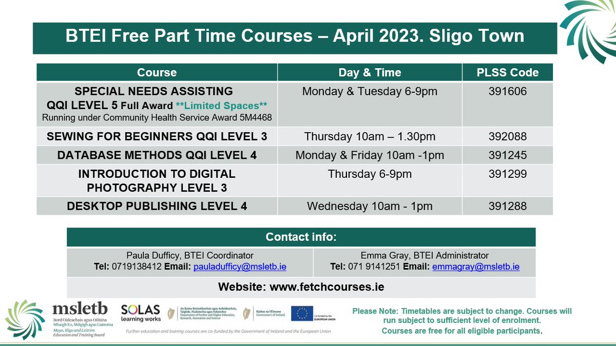 MSLETB (@msletb) on Twitter photo Attention Sligo Town! We have a wide variety of part-time courses in:
➡️Special Needs Assisting
➡️Sewing for Beginners
➡️Database Methods
➡️Intro to Digital Photography
➡️Desktop Publishing
For more info or to register contact 📧pauladufficy@msletb.ie 📞071 913 8412 Attention Sligo Town! We have a wide variety of part-time courses in:
➡️Special Needs Assisting
➡️Sewing for Beginners
➡️Database Methods
➡️Intro to Digital Photography
➡️Desktop Publishing
For more info or to register contact 📧pauladufficy@msletb.ie 📞071 913 8412