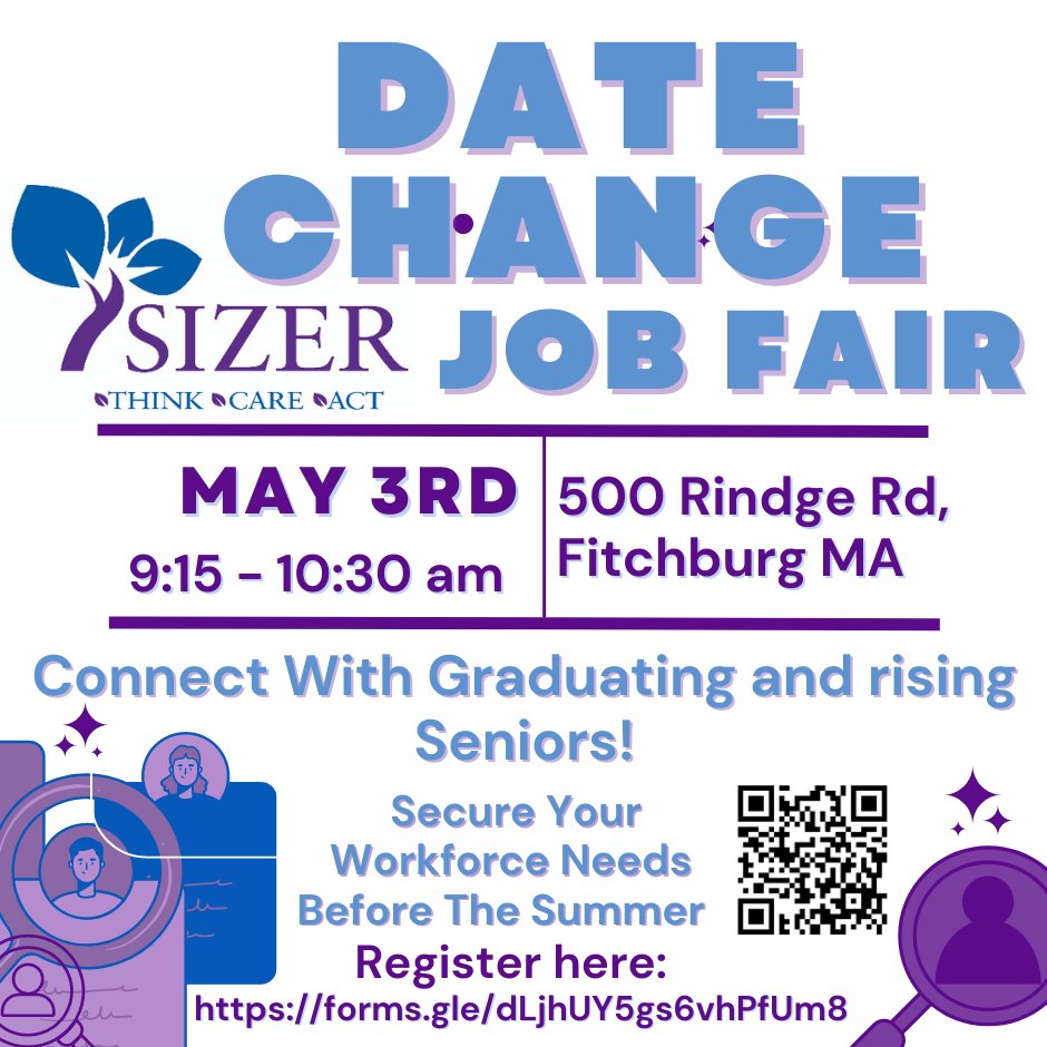 Change of Date!
Employers Register Here: forms.gle/bez1D9Xd2nCgZA…
Sizer High School Job Fair!
May 3rd, 9:15-10:30am