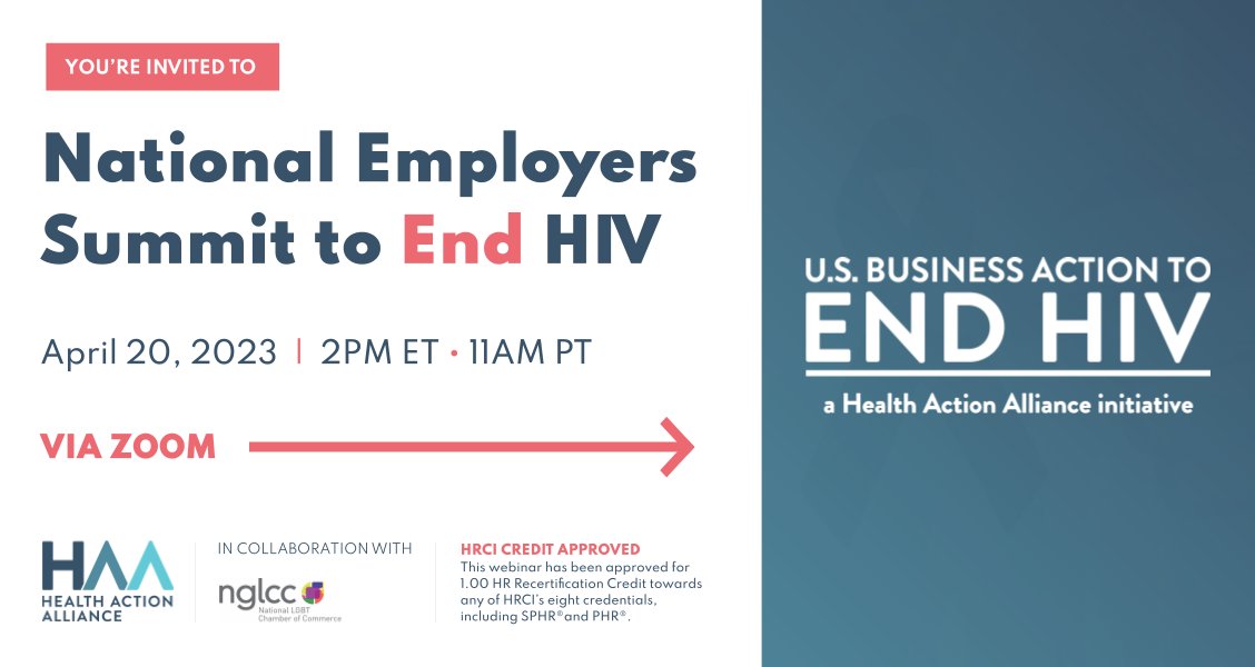 This Thursday! Join us & @healthaction on April 20 at 2pm ET for the National Employers Summit to End HIV ✊, where you'll hear from corporate and public health leaders on more opportunities for companies to accelerate progress against HIV. Register: nglcc.org/endhiv