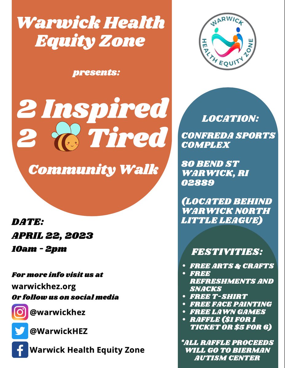 Check out this local community walk happening Saturday, April 22nd 10am-2pm presented by Warwick Health Equity Zone. You won't want to miss out on this event's free festivities. 
-
For more info visit: warwickhez.org