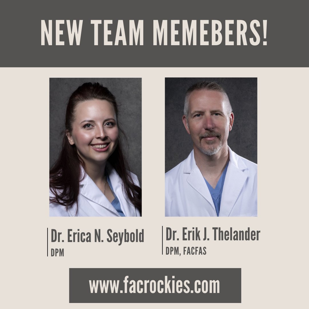 FACOFTHEROCKIES's tweet photo. We are delighted to announce the addition of 2 new doctors to the Foot and Ankle Center of the Rockies - Dr. Erik Thelander and Dr. Erica Seybold! Learn more about them on our website. https://t.co/1s8tEz8ngi https://t.co/gQZ9oCS3BS