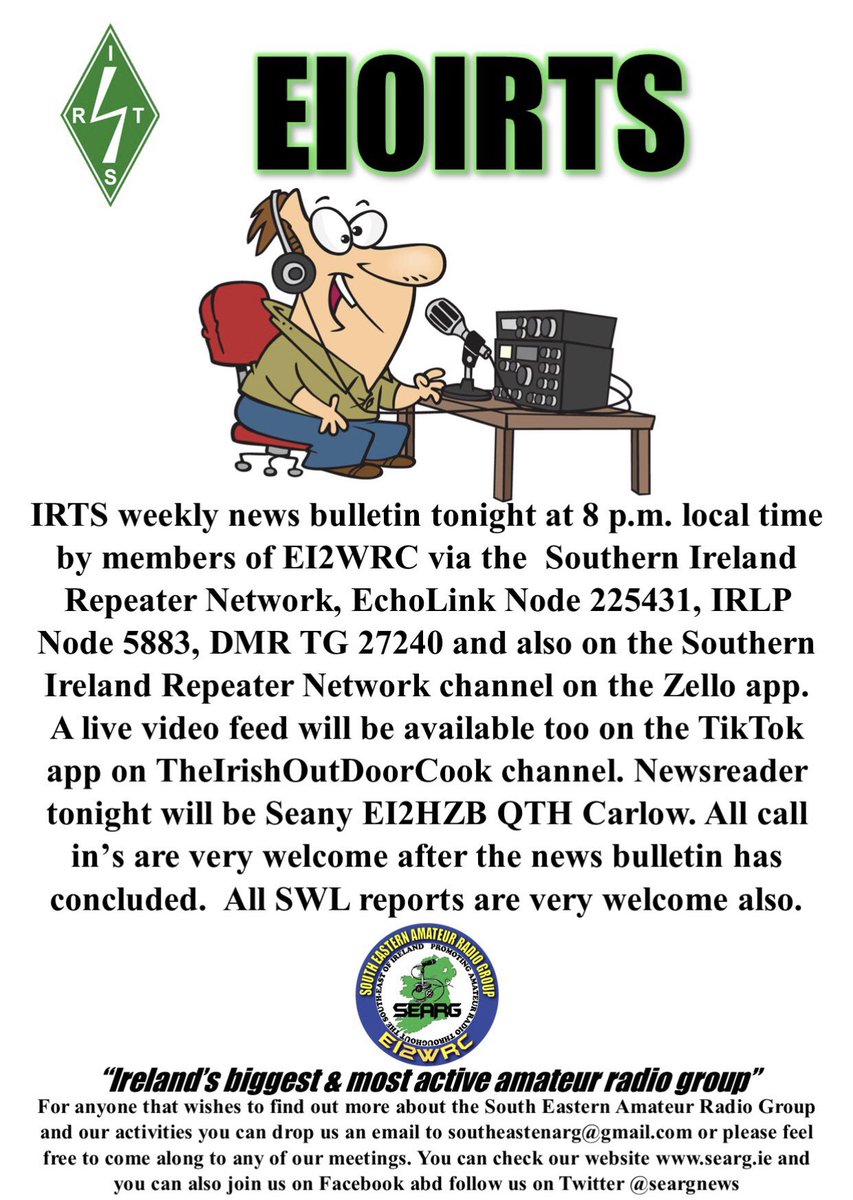 seargnews's tweet photo. #IRTS weekly news bulletin will be read by Seany #EI2HZB #QTH #Carlow 8.00pm sharp
Followed by Call in’s
Be nice to hear if some twitter followers would make a call in 😊
#E12WRC #Hamr #AmateurRadio #HamRadio #Radiotalk #Repeater #Network #Ireland #ComReg #TikTok #SWLs https://t.co/2i8XUq4ZC8