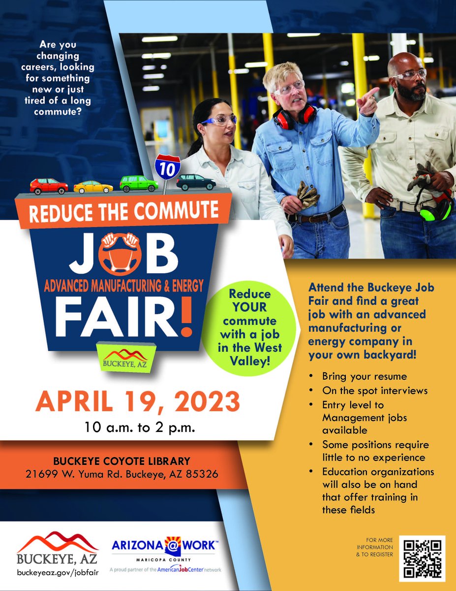 📢 Get Hired! Buckeye has partnered with local businesses from across the West Valley in the Advanced Manufacturing and Energy sectors for another Reduce the Commute Job Fair! When: Wed, April 19|10 a.m. - 2 p.m. Where: Coyote Library, 21699 W. Yuma Rd. buckeyeaz.gov/jobfair
