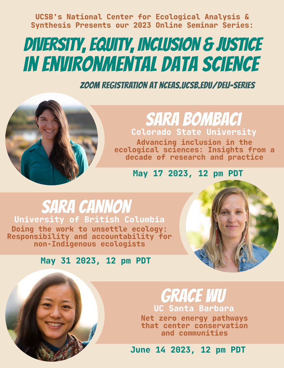 NCEAS (@ucsb_nceas) on Twitter photo Our most popular annual event is finally here! 🎉Announcing the lineup for our (virtual) 2023 seminar series on diversity, equity, inclusion & justice in environmental data science: <a href="/SPBombaci/">Sara Petrita Bombaci (she/her)</a>, @secanno, & <a href="/gcc_wu/">Grace C Wu</a>! Learn more and register online at nceas.ucsb.edu/DEIJ-series Our most popular annual event is finally here! 🎉Announcing the lineup for our (virtual) 2023 seminar series on diversity, equity, inclusion & justice in environmental data science: <a href="/SPBombaci/">Sara Petrita Bombaci (she/her)</a>, @secanno, & <a href="/gcc_wu/">Grace C Wu</a>! Learn more and register online at nceas.ucsb.edu/DEIJ-series