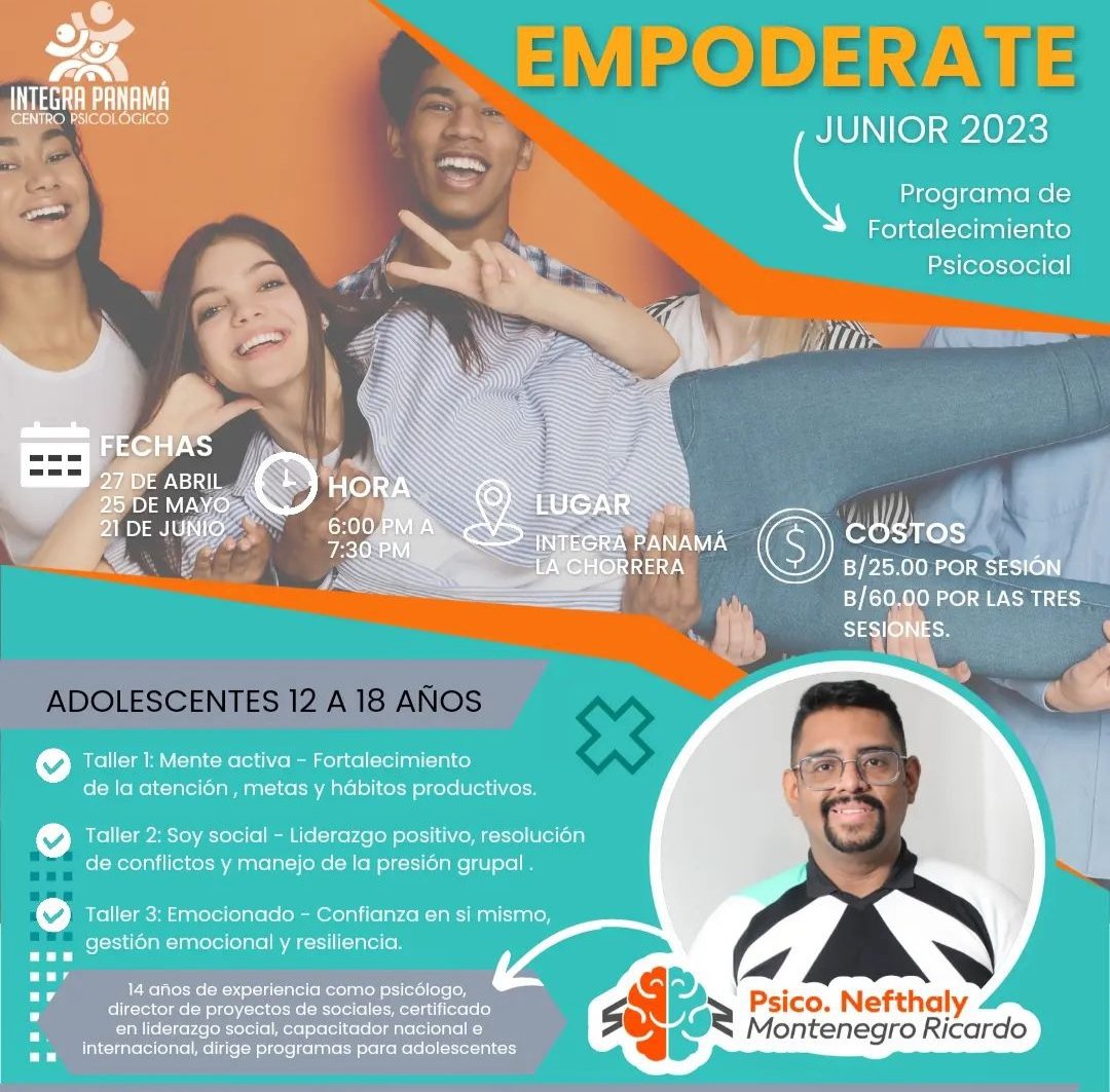 PsicoNefthaly's tweet photo. ¡Lxs adolescentes necesitan espacios de desarrollo sanos para fortalecer sus habilidades!

Te invito a ser parte del Programa EMPODERATE Junior 2023, mi primer proyecto formal dirigido a adolescentes. 

Para mayor información 6723-0006
#PanamaOeste #adolescentes #Psicologia https://t.co/9XSpTosQJK