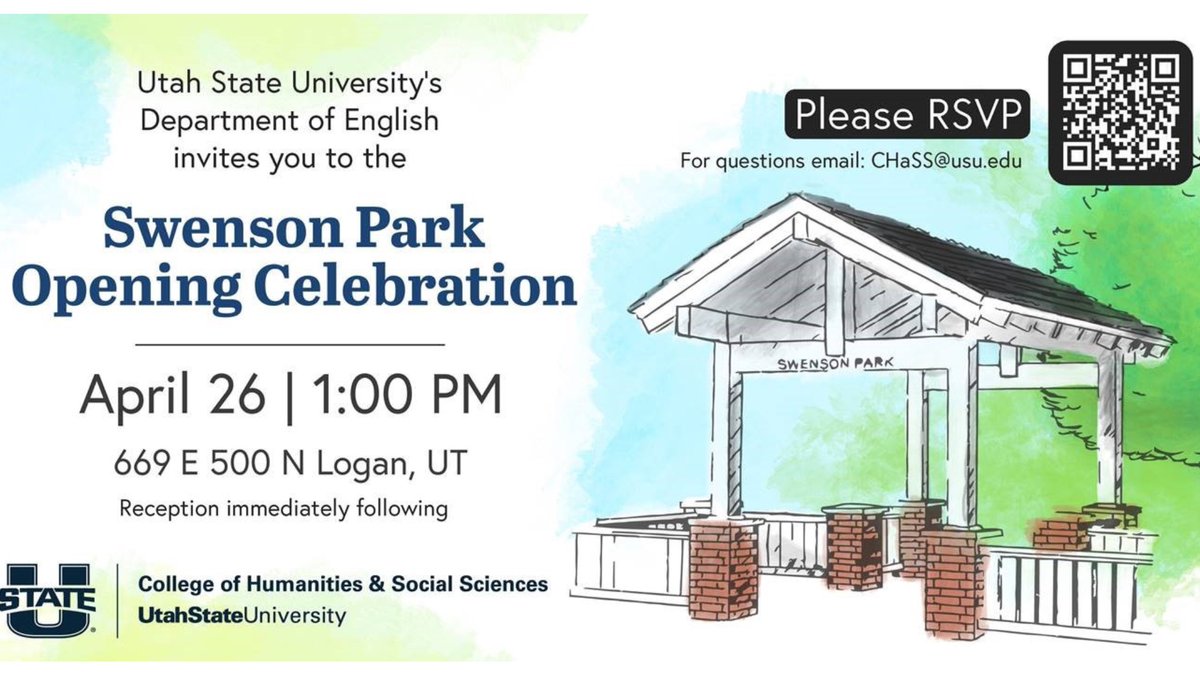 Utah State University's Department of English invites you to the Swenson Park opening celebration.

Join us April 26th at 1:00pm at 669 E 500 N Logan, UT!

Reception immediately following.

Please RSVP at: docs.google.com/forms/d/e/1FAI…